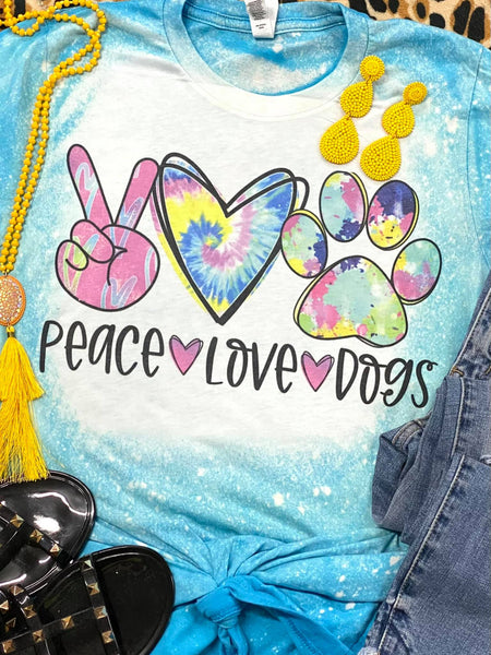 Peace Love Dogs Tye Dye Bleached Aqua Tee