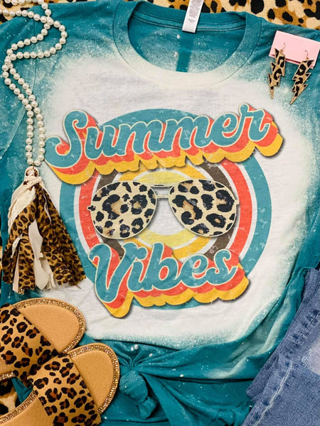 Summer Vibes Leopard Sunglasses Retro Circle On Teal Bleached Tee